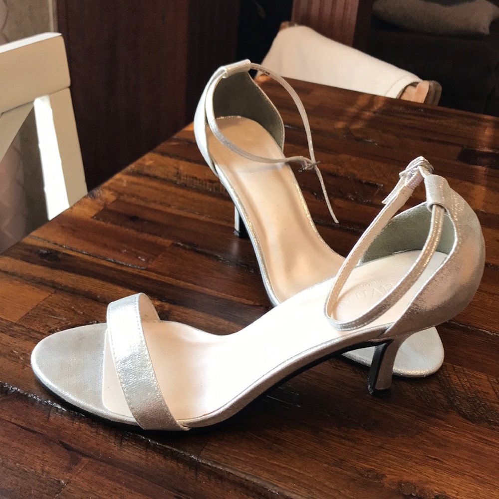 David’s Bridal silver strappy heels